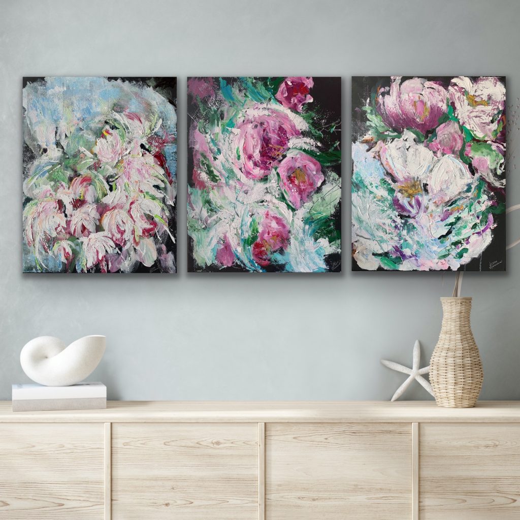 Just look, abstract tryptic flower painting