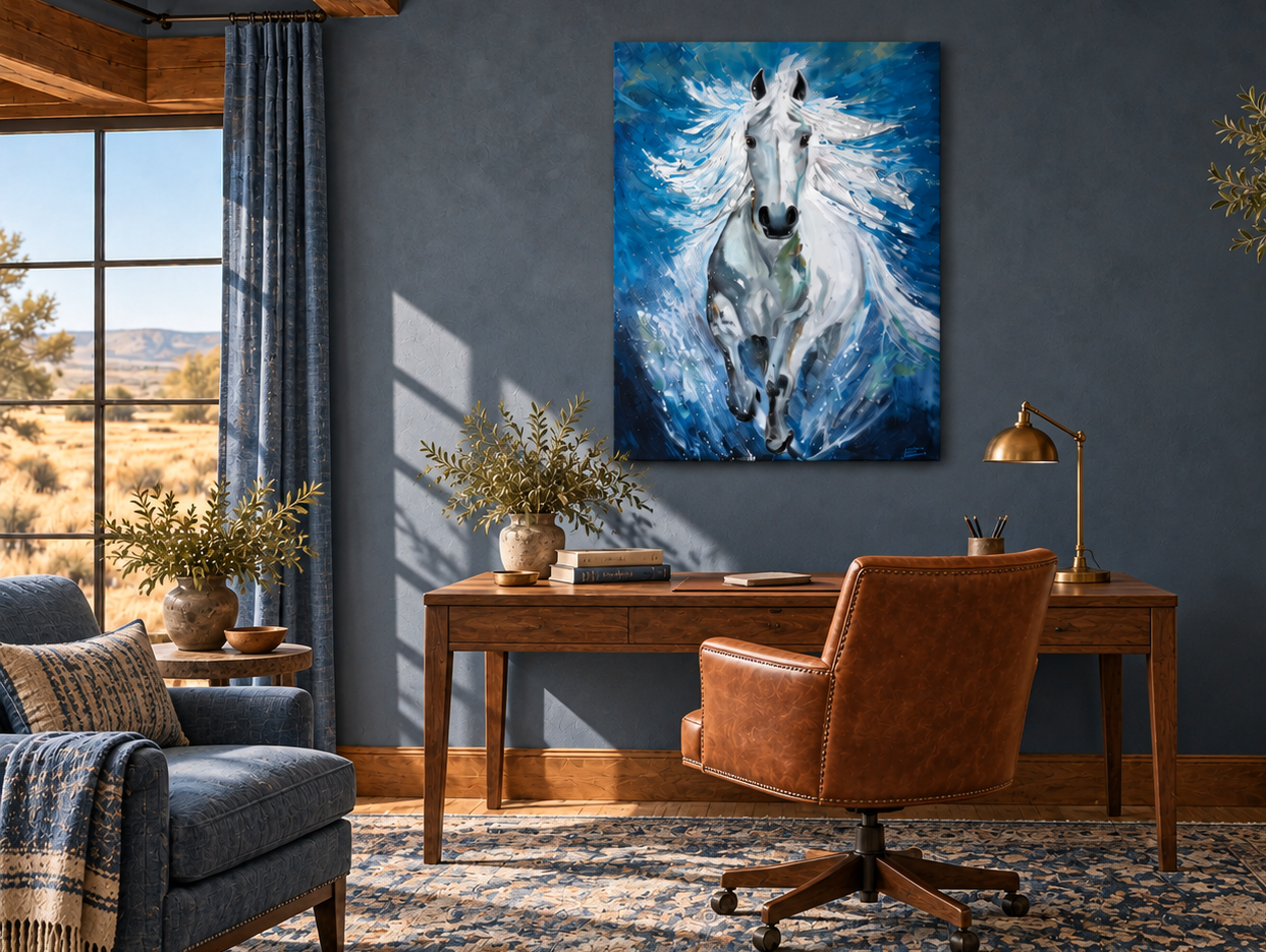 Breaking Through horse painting displayed above a desk in a blue ranch study