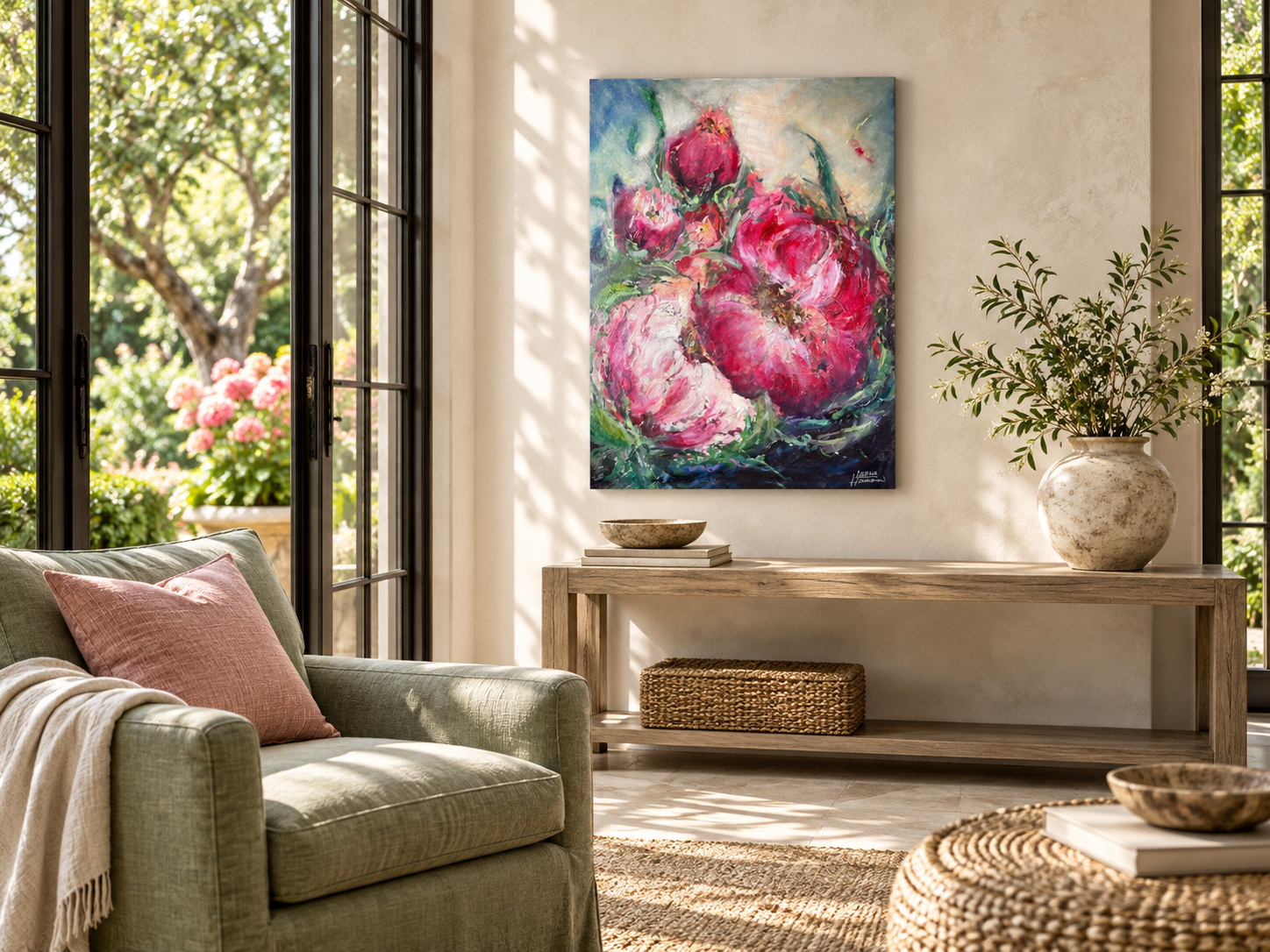 Petals of Passion floral painting in a sunlit garden room